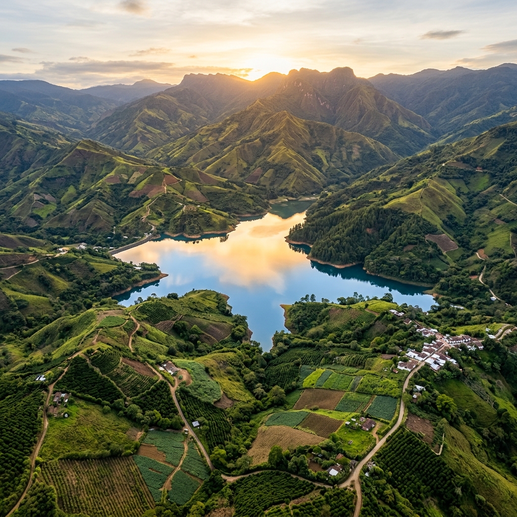 Vista aérea de granja con reservorio